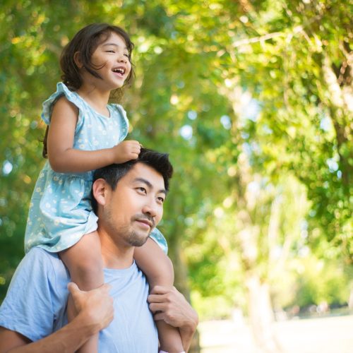 Happy Asian father with daughter on his neck. Happy man enjoying rest in park and little girl sitting on his shoulders looking aside. Family summer activity, rest and happy moments concept